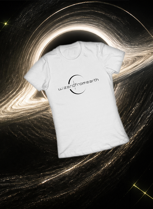 White wizardfromearth logo shirt suspended before a black hole